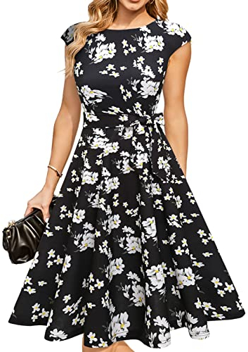 DRESSTELLS Women's Cocktail Dress, Summer Formal Wedding Guest Floral Dress, Modest Graduation Prom Dress, Vintage Tea Party Casual Dress 2024 Black White Flower L