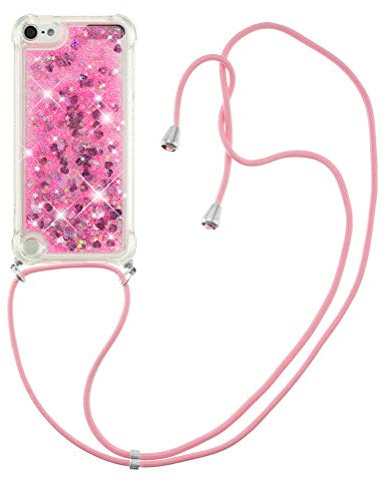 COTDINFOR Handykette Hülle für iPod Touch 7 Flüssigkeit Glitzer Clear Cover Protective Sparkle Floating Bling Silikon Lanyard Handyhüllen für iPod Touch 5/6 / 7 TPU Red Love YB.