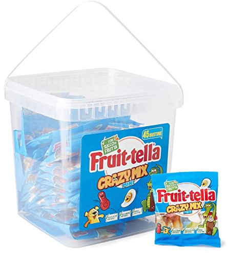 Fruittella Crazy Mix Jar Caramelle Gommose Gusti Assortiti con Succo di Frutta, Aromi Naturali, Senza Glutine, Idea Regalo per Feste e Compleanni Bambini, Secchiello da 45 Mini Bustine, 25 gr Ciascuna
