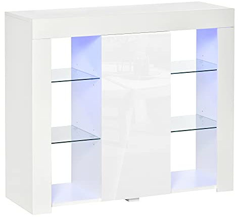 HOMCOM Credenza Moderna a Anta con Luci LED e Mensole in Vetro, Mobile Multiuso in Legno con Finitura Lucida, 97x35x83cm, Bianco