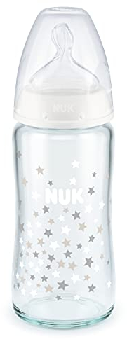 NUK First Choice+ Glas-Babyflasche mit Temperature Control, kiefergerechter Trinksauger, 240ml, 0-6 Monate, weiß, 10212049
