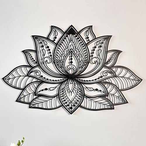 iwa concept 3D Mandala Metall Wanddekoration| Lotusblume Dekoration für Zuhause | Schlafzimmer Metall Wandkunst|Büro Dekor | Wohnzimmer Dekor | Neujahr Geschenk | (36 x 23) | 91 x 59 cm, schwarz