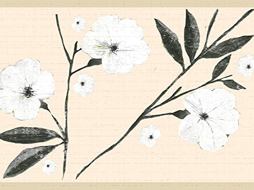 Dundee Deco DDAZBD9141 Peel and Stick Wallpaper Border - Floral White Cream Flowers and Leaves Wall Border Retro Design, 15 ft x 7 in (4.57m x 17.78cm), Self Adhesive