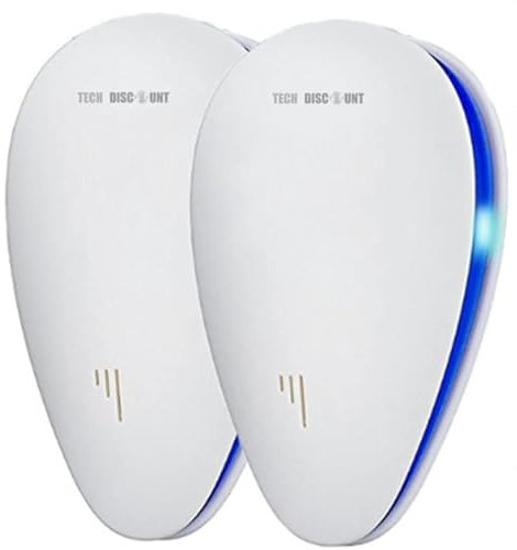 TECH DISCOUNT 2 Pcs Anti-Moustique et Insectes Ultrasonique pour Expulser Insecte Rongeurs Cafards, Fourmis, Araignées avec Lumière Nocturne