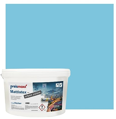 Preismaxx Mattlatex Farbe für Innen urban colors, bunte Wandfarbe Latexfarbe matt, blau, jeansblau, aquamarine 5L