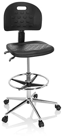 hjh OFFICE 830097 Arbeitsstuhl hoch TOP Work 23 I PU-Hartschaum Schwarz Arbeitshocker mit Lehne, Rollen & Gleiter