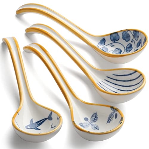 Lot de 4 cuillères à soupe asiatiques en céramique, ramen, cuillères à soupe pour céréales, apéritifs, boulettes Pho Miso (style 3)