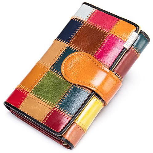 Karoukee Einzigartig Bunte Patchwork Kleine Trifold Geldbörse für Frauen Echtes Leder Kreditkarten Halter Organizer Handgemachte Mehrfarbige Damen Münzgeldbörse mit Ausweisfenster & Reißverschlussfach
