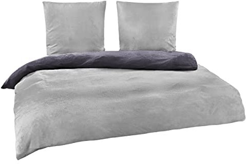 BaSaTex Winter Plüsch Bettwäsche Set Nicky-Teddy Cashmere-Touch Coral Fleece | 135x200 155x220 200x200 200x220 + 80x80 Kissenbezug | Größe: 200x220 | Farbe: Anthrazit Silber