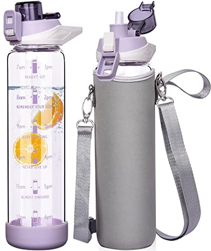 Seekua 1l Sport Gourde Verre avec Paille & Heure de Motivation 1 litre grande Bouteille d'eau Verre Réutilisable sans BPA avec Marqueur de Temps