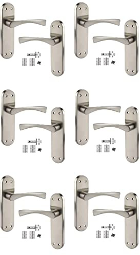 Golden Grace 6 Sets of Twist Astrid Style Modern Chrome Door Handles on Backplate with Satin Stainless Steel Finish Door Lever Latch Pack 182mm x 45mm Backplate