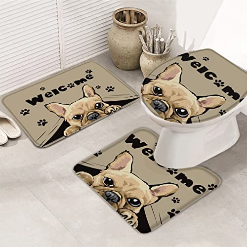 Toilettensitzbezug Combo Cartoon Tier Hund Willkommen Pfotenabdruck Wc Teppich Maschinenwaschbar U-Förmiger Wc-Bodenmatte Soft Wc Garnitur Für Badezimmer, Neben Der Badewanne, Badewanne