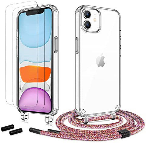Anshow Handykette für iPhone 12 Mini Hülle mit Band + 2 Schutzfolie, Robust Necklace Extrem Stoßfest Handyhülle iPhone 12 Mini Case Transparent Schutzhülle zum Umhängeband Abnehmbar, Regenbogen