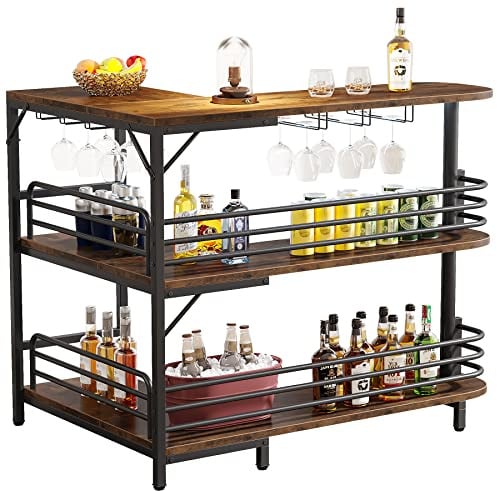 LITTLE TREE L-förmige Bar mit 3 Etagen, Likör-Bartisch, Eck-Wein-Barschrank, Mini-Bars für Zuhause, Küche, Pub, rustikales Braun