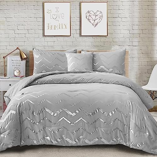 Grey Metallic Silver Duvet Cover Set with 2 Pillowcases Soft Microfiber Geometric Striped Bedding Set,King Size 220x230 cm