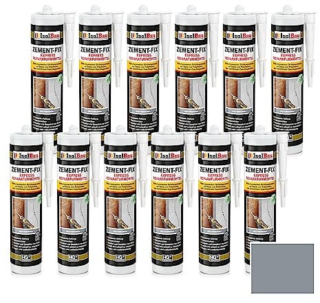 Isolbau Zement-Fix Lot de 12 x 300 ml de mortier de réparation Express Gris foncé – Mastic d'étanchéité pour joints et fissures en intérieur et en extérieur, cartouche