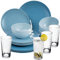 Melamin Geschirr Set 16 Teile elegante Steingut Optik in blau mit Wasserglas 260ml klar - für 4 Personen Essgeschirr Gläser Wasserglas Tumbler Whiskey - Campinggeschirr Picknick ideal Camping Outdoor
