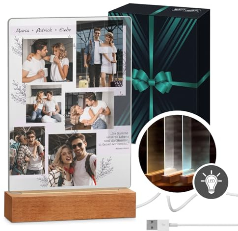 Maverton beleuchteter LED-Fotoaufsteller mit Echtholzsockel - personalisiertes LED-Acrylglas mit eigenem Foto für Paare - Glasbild zur Hochzeit zum Valentinstag - Größe: 15x24x4,5cm - Gleichung