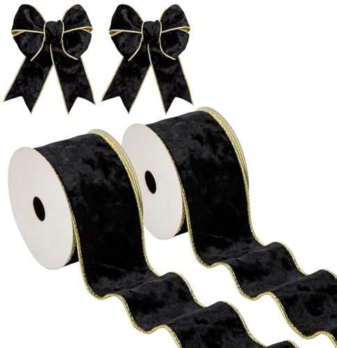 Hollyone 2PCS Schwarz Samtband 6.3cm x 10yds, Vintage Weihnachtsband für Geschenkverpackungen, breites Geschenkband für Weihnachtsdekoration, Kranzschleifen Dekoration Handwerk Hochzeit Geburtstag