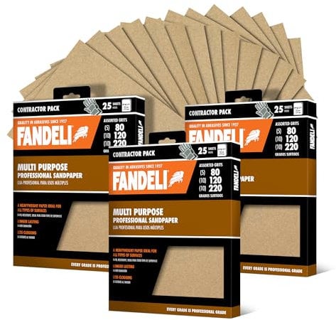 Fandeli | Multi-Purpose Sanding Paper | Assorted Grits (80,120,220) | 75 Sheets of 9'' x 11'' | Perfect for Sanding Metal and Sanding Wood | Hand Sanding | Orbital Sanders