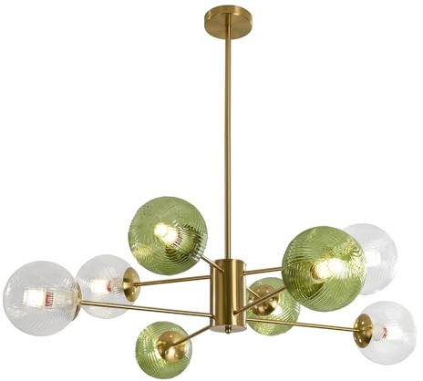 KCO Lámpara de techo de cristal transparente de burbujas de 8 luces, lámpara de araña de cristal verde de mediados de siglo, moderna lámpara colgante de globo dorado, lámpara colgante de latón para
