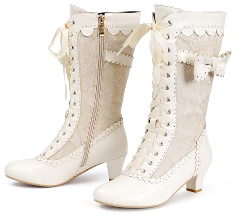 Voviggiw Stivali vittoriani vintage da donna Stivali da nonna al polpaccio con cerniera Costume rinascimentale Scarpe con tacco medio Abito da sposa Stivali con fiocchi Marchio beige Taglia 39