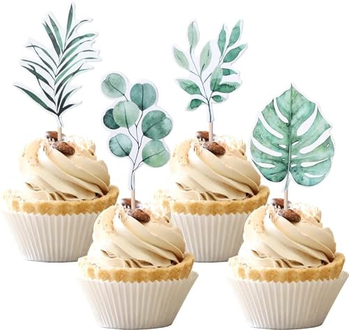 24 Stück Tropische Palmwedel Tortendeko Gedruckt Grüne Blätter Hawaii Luau Cupcake Toppers für Pflanze Blatt Sommer Tropical Theme Geburtstag Party Kuchen Dekorationen