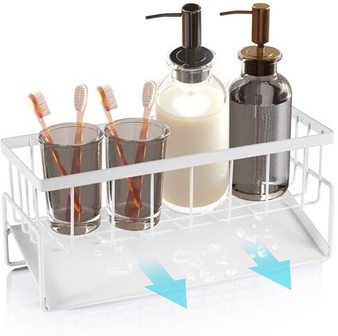 VINEST Spülbecken Organizer mit Selbstentleerender Abtropfschale, Küchen Organizer Edelstahl, Organizer für Bad & Küche, Schwammhalter Verhindern von Wasseransammlungen (Weiß)