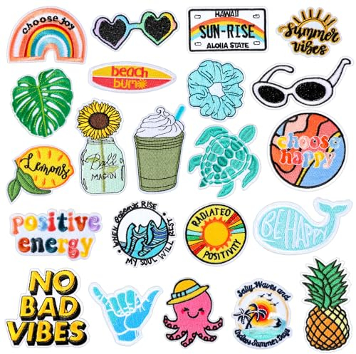 22 Stück Gestickte Bügelbilder Sommer Strand Bügelbild Selbst Gestalten Stick Flicken Patches zum Aufnähen Bunte Aufbügelflicken Outdoor Nähflicken Jeanshemd Kleidung DIY Reparatur Zubehör