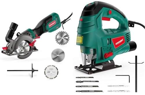 Scie Circulaire, HYCHIKA 750W 3500RPM Petite Scie Circulaire, 3 Lames(115 & 125mm) & Scie Sauteuse HYCHIKA 800W, Avec Moteur en Cuivre Puissant, 800-3000SPM Tours par Minute