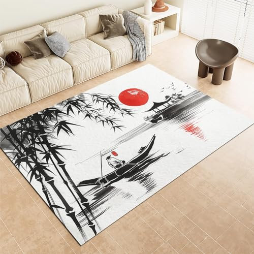 Tapis Poil Ras Bateau en Bois de Bambou de Peinture à l’Encre Tapis Lavable en Machine, Moderne Tapis de Salon, Tapis de Chambre, Doux et Antidérapant, Tapis de Salle à Manger 160 x 230cm