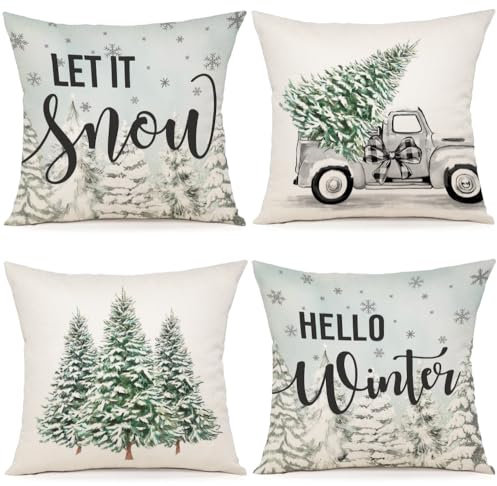 YCOLL Kissenbezug 40x40 4er Set Kissenbezug Weihnachten Kissenbezüge Dekokissen Leinen Kissenhüllen für Deko Weihnachten Sofa Schlafzimmer Couch 40x40 cm
