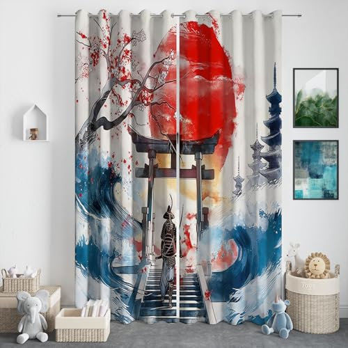 CozyRest Blickdichte Gardinen Asiatischer Krieger-Torii-Tor In Aquarell Verdunkelungsvorhang - Lichtundurchlässige Vorhang mit Ösen für Schlafzimmer Geräuschreduzierung 214 x 91.5 cm, 2er Set