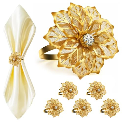 BelleVive 6er-Pack Serviettenringe mit ausgehöhlten Blumen, Serviettenhalter für Hochzeitsfeiern, Weihnachtsessen, Feiertagsbankette, zarte Serviettenschnallen, Dekor, Gastgeschenk (Gold)