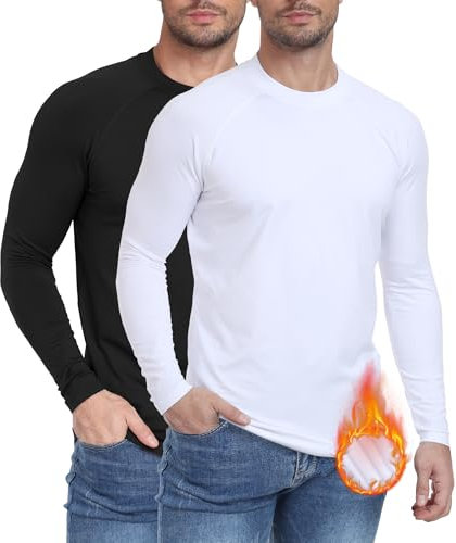 Djtnzdm Mens Compression T Shirts Long Sleeve Warm Fleece Undershirt Winter Football Jogging Thermal Tops Ski Cycling Base Layer 2 Packs Black/White XXXL