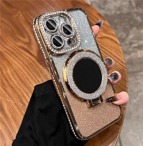 Einaily Glitzer Hülle für iPhone 16 Pro Max Magnetisch Handyhülle mit Ring Ständer,Glitter Strass Handyhülle Transparent TPU Silikon Case mit Makeup Spiegel Stoßfest Kratzfest Schutzhülle, Gold