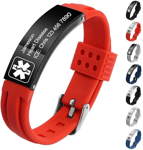 MeMeDIY Personalisierte Medizinische Alarm Armbänder für Frauen/Männer Verstellbare Silikon Wasserdichtes Armband/Armbänder aus Edelstahl mit Eingraviertem Medizinische ID Alert Info
