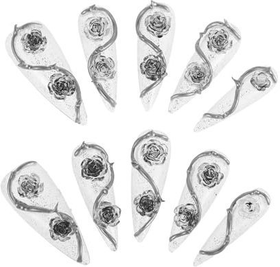 Healeved 10pcs Long Press Wedding Nails French Tip Metal Rose Manicure Nails Full Cover Stickers and Water Droplets