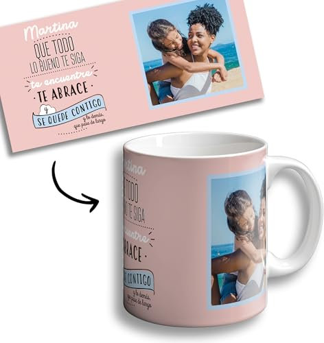 OOPS Taza mug Que Todo lo Bueno te siga te encuentre y te abrace - 350 ml - PERSONALIZADA CON NOMBRE Y FOTO - Taza con Frases motivacionales (Taza con NOMBRE + FOTO, Rosa)