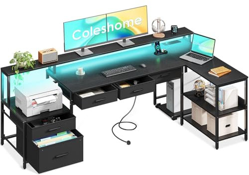 Coleshome 195x100 cm Corner Desk with Drawers, Reversible L Shaped Desk with LED lights & Power Outlet, Home Office Desks with Monitor Shelf, Large Computer Table with Storage Shelf, Black