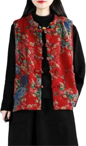 Femmes Style Chinois Veste Rembourrée Vintage Floral Matelassé Gilet Sans Manches avec Noeud Traditionnel Broderie Top Oriental Rétro Bohème Ethnique Outwear Hanfu, S1., XXL