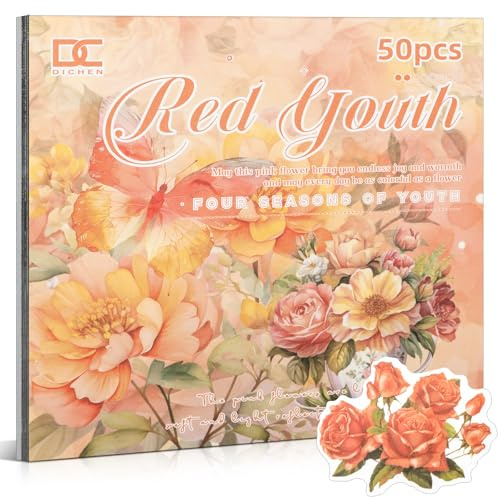 Rote Blumen-Motiv Sticker-Set für Scrapbooking & Journaling - 50 Bögen (25 PET-Aufkleber + 25 Musterpapiere) - Vintage Stickerbuch (TZ-006-007)