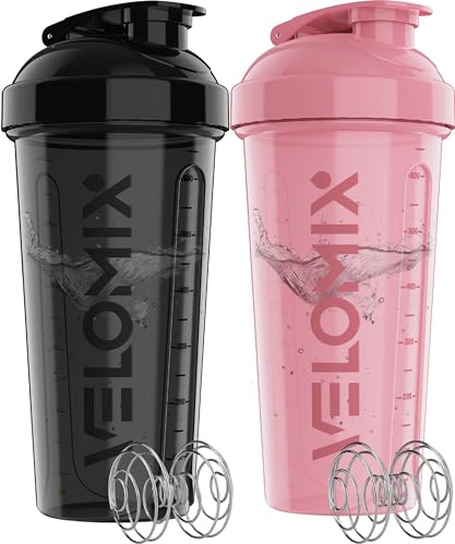 VELOMIX 2 Pack 828ml Protein Shaker Bottle, Pink/Black | 2x Wire Mix Ball, Leak Proof Shaker Cups for Protein Shakes, BPA Free, Dishwasher Safe, Gym and Pre Workout