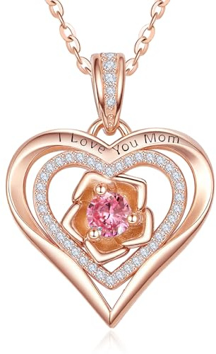 Zeuslia Rose Gold Heart Necklaces for Women Mother Mom, 925 Sterling Silver I Love You Jewellery, Womens Jewel with Birthstone Pendant