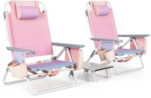 GOPLUS Juego de 2 Sillas Playa y Mesa Plegable, Silla Plegable Reclinable con 5 Posiciones Ajustables, 3 Bolsas de Almacenaje y Almohada, Silla Portátil para Jardín Piscina Camping (Rosa Degradado)