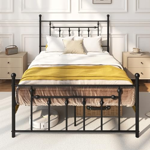 COSTWAY Single/Double/King Size Bed Frame, Metal Slats Support Platform Bed Base Mattress Foundation with Headboard & 31cm Underbed Storage, No Box Spring Required (4FT6 Double)