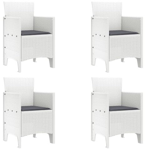 vidaXL Gartenstühle mit Kissen, 4 Stück, Weiß, aus Poly Rattan, leicht, für den Außenbereich, UV-beständig, langlebig, modernes Design, Terrasse, funktionale Entspannungsoption, zeitgemäß