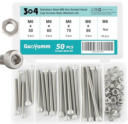 GuoYomm Lot de 50 vis à six pans creux M6 avec écrous en acier inoxydable 304 Jeu de boulons mécaniques entièrement filetés dans une boîte combinée, longueurs : 50 mm 60 mm 70 mm 80 mm