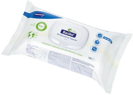 Bacillol 30 Sensitive Green Tissues 120 Tücher | materialschonende alkoholische Desinfektionstücher, ECARF-zertifiziert, plastikfrei | Flächendesinfektion