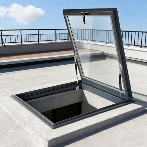 Lucernario per tetto - Finestra per tetto con vetro temperato, Botola per soffitto con asta idraulica, Porta di accesso al sottotetto, Finestra per pozzo di illuminazione del seminterrato (68×78cm)
